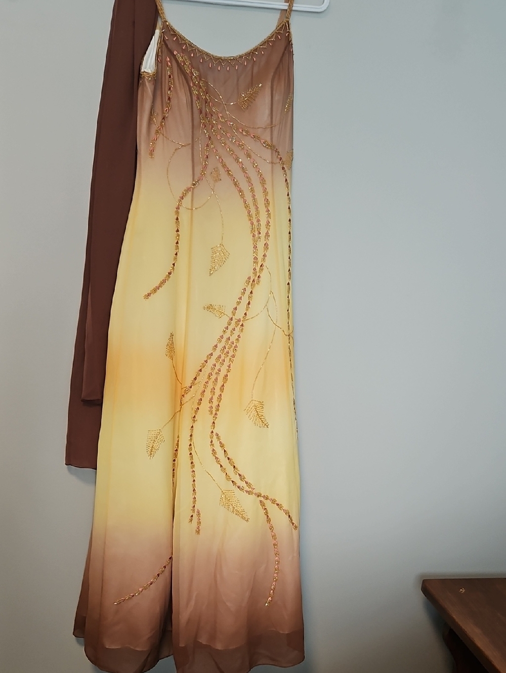 May Queen Yellow to Brown Ombre Spaghetti Strap Evening Gown